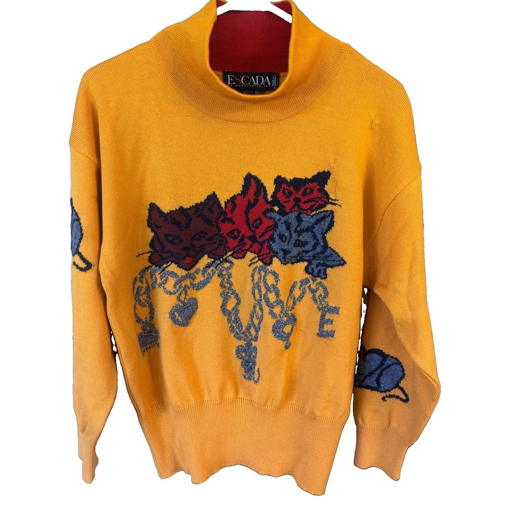 Vintage Escada Margaretha Ley Cat Sweater Wool Angora Mustard Yellow Size 34